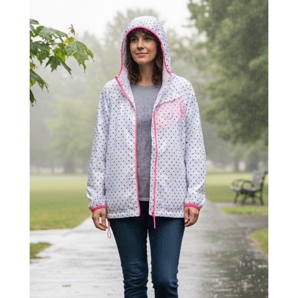 Womens Polka Dot Rain Jacket XL Hooded Pink Zip Athletic Collection Coat